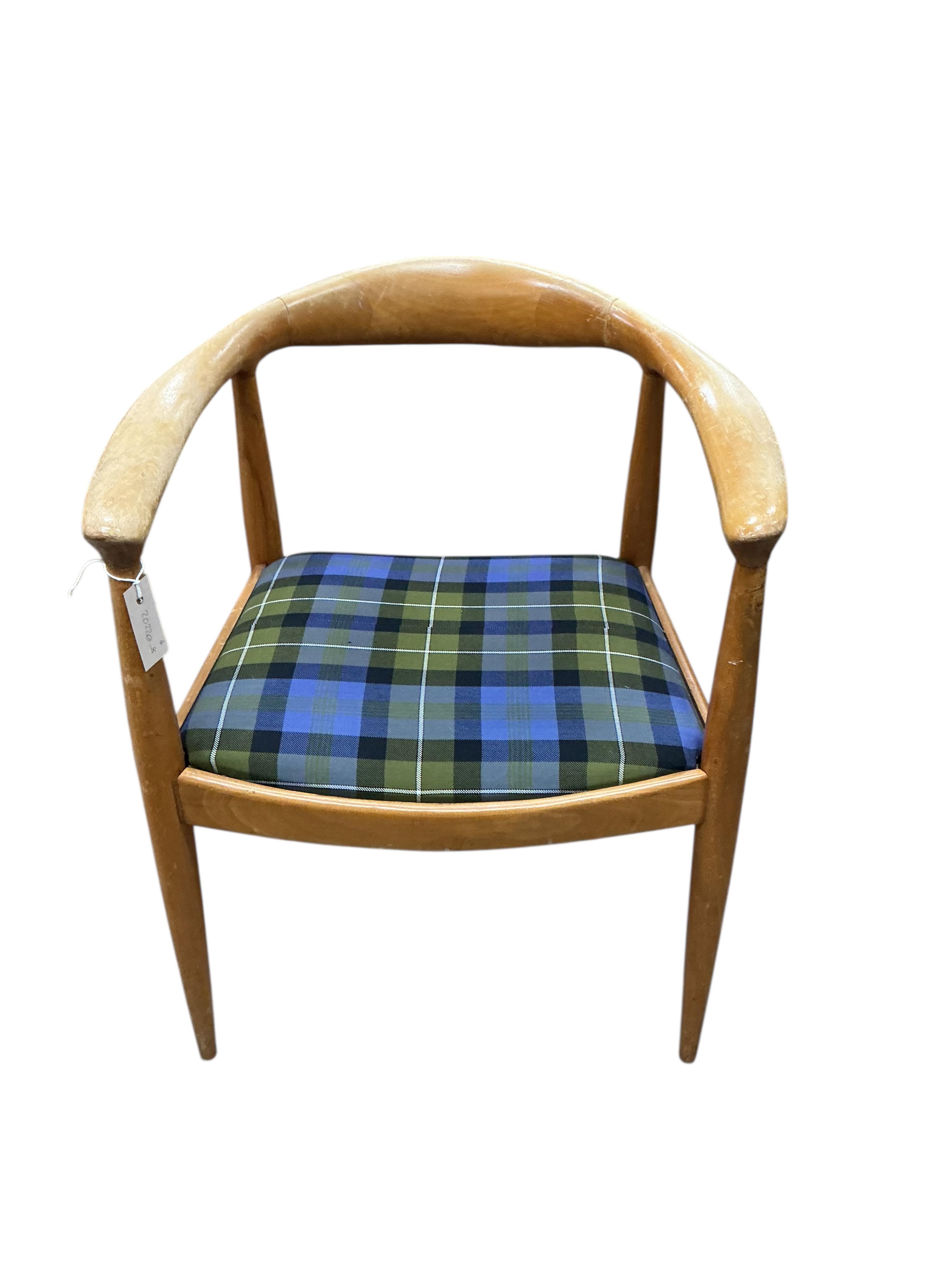 A set of four mid century teak Wegner design elbow chairs, width 59cm, depth 44cm, height 75cm